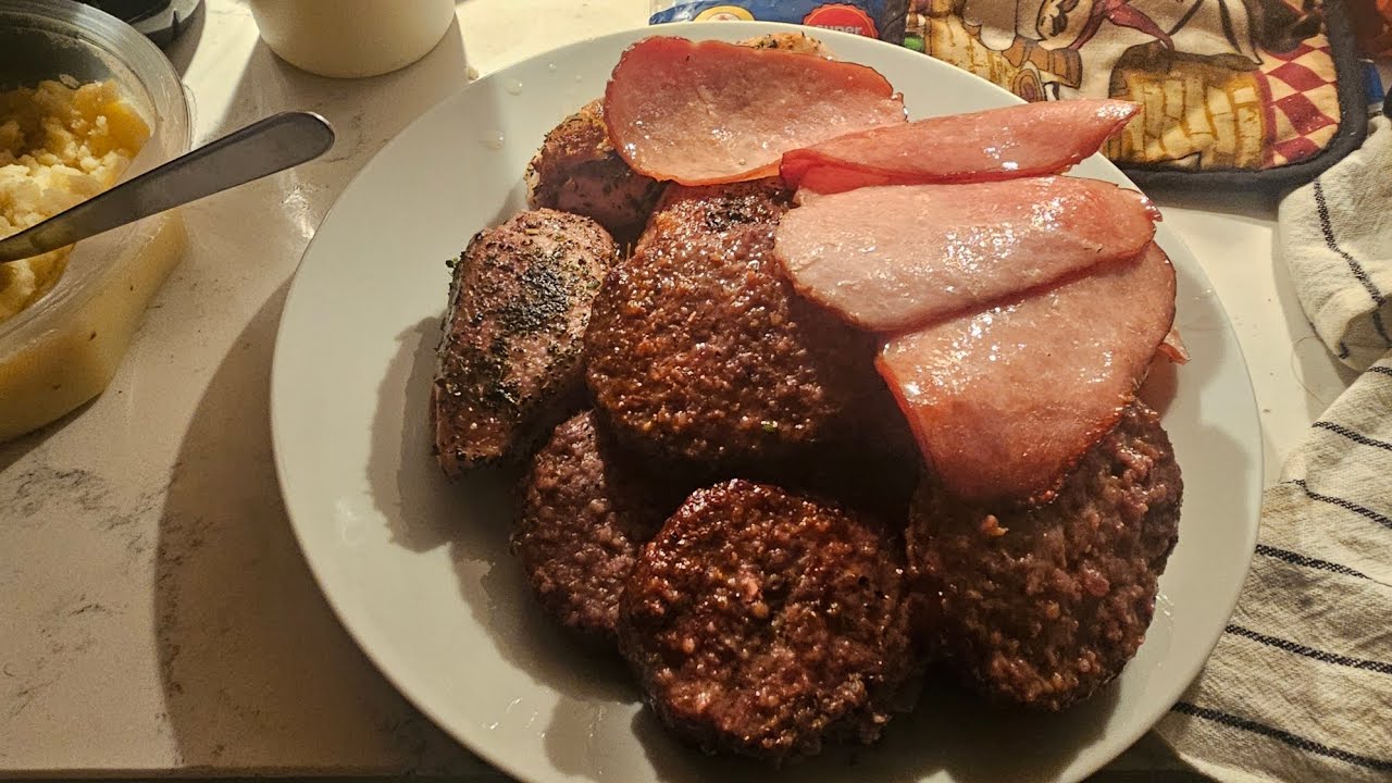 Cooking Ostrich burgers, Turkey Bacon and Duck.  Episode 7 
