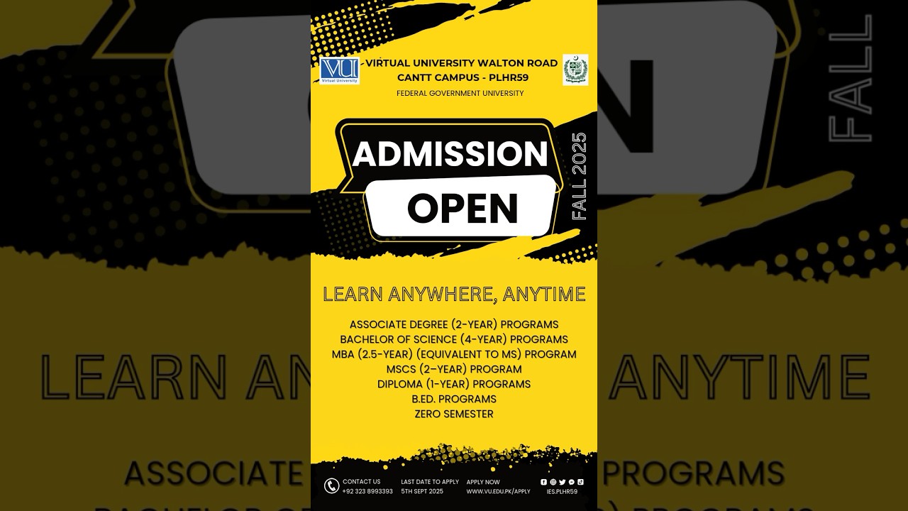 𝐀𝐝𝐦𝐢𝐬𝐬𝐢𝐨𝐧𝐬 𝐀𝐧𝐧𝐨𝐮𝐧𝐜𝐞𝐦𝐞𝐧𝐭&ndash;𝐅𝐚𝐥𝐥 𝟐𝟎𝟐𝟓 Apply now www.vu.edu.pk/apply or call +923238993393 #freeadmission