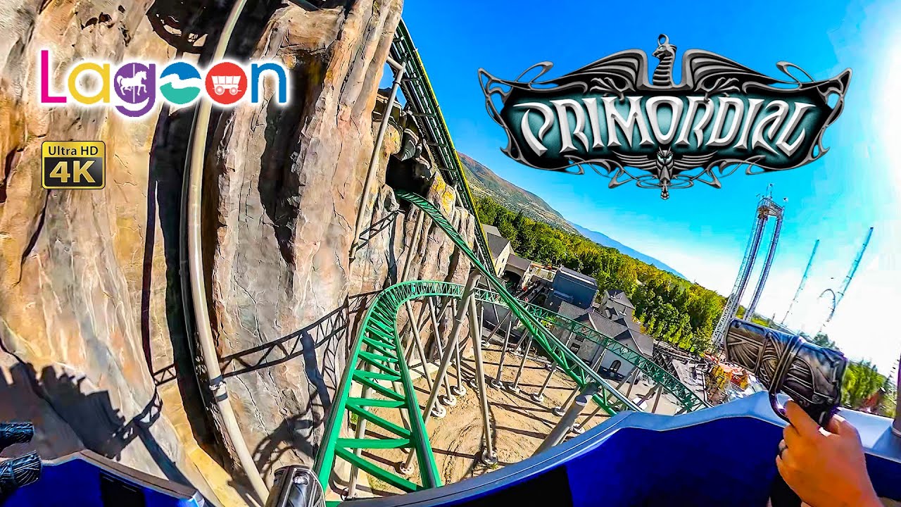 Primordial Roller Coaster On Ride 4K POV with Queue Owl Ending with Straight Drop Lagoon 2023 09 29
