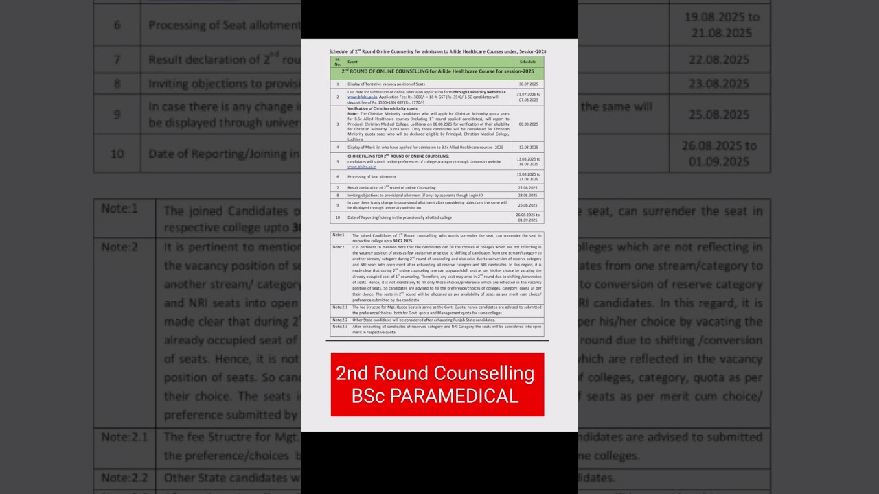 BSc Paramedical 2nd Round Counseling Schedule 2025 #bfuhs #viralshorts @StudywithKuljeetKaur