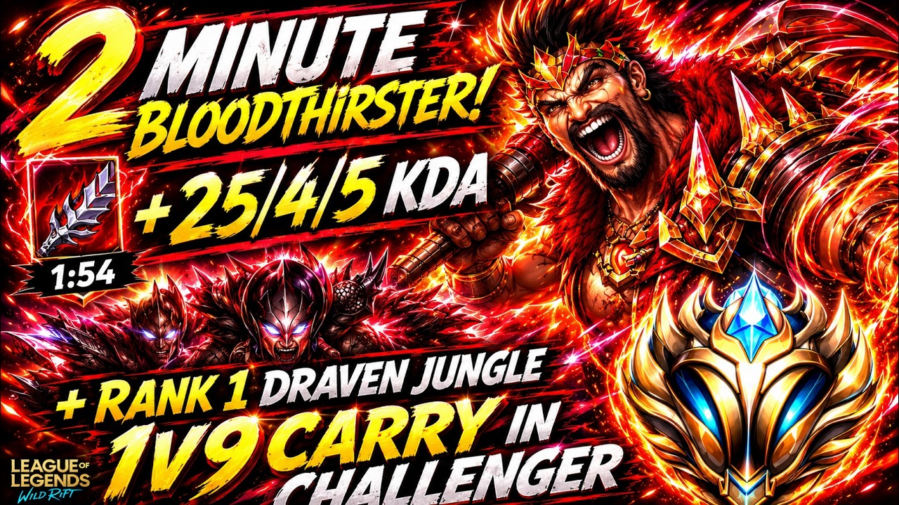 2 Minute BloodThirster In Challenger | 25/4/5 KDA 1v9 Carry | Rank 1 Draven Jungle #wildfire #draven