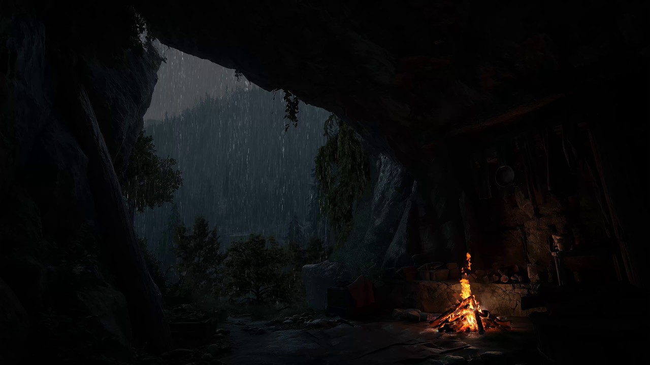 Relaxe Em Um Espaço Aconchegante Sob Chuva - Uma Caverna Quente Ao Lado De Uma Lareira Crepitante