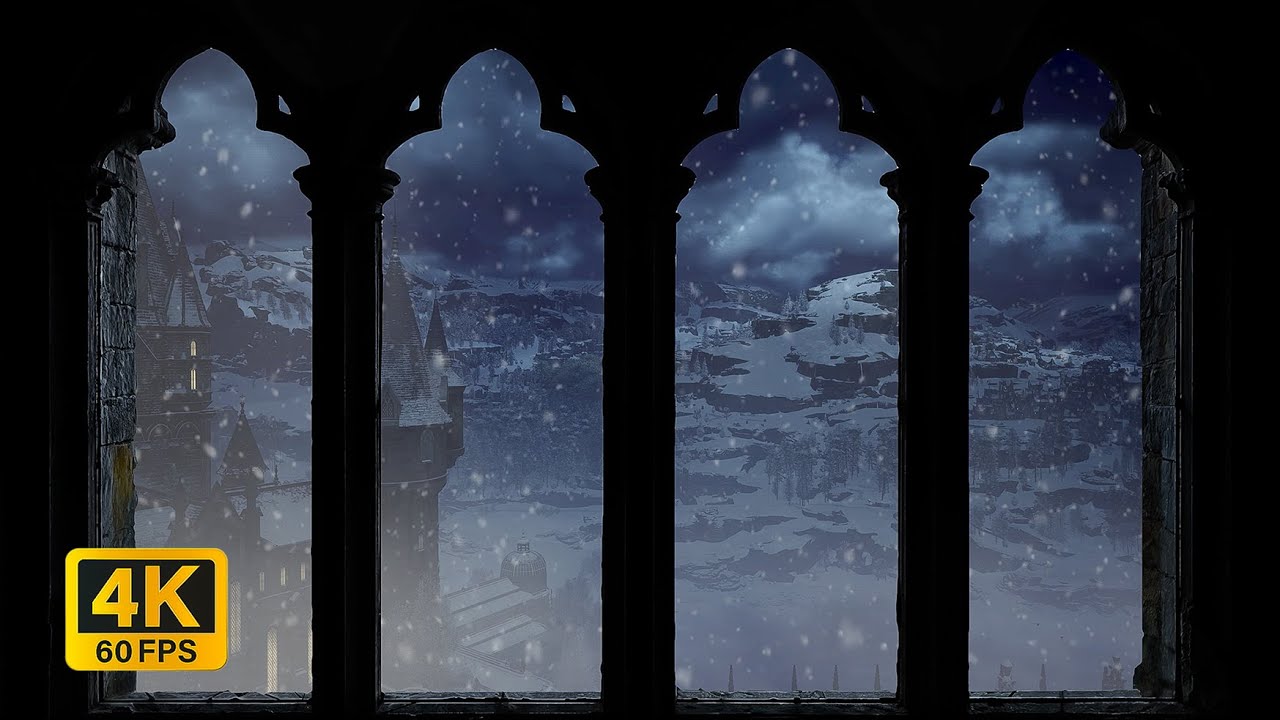 4K Hogwarts Castle Winter Window View - Snowfall & Wind Ambience for Relaxation, Study, and Sleep