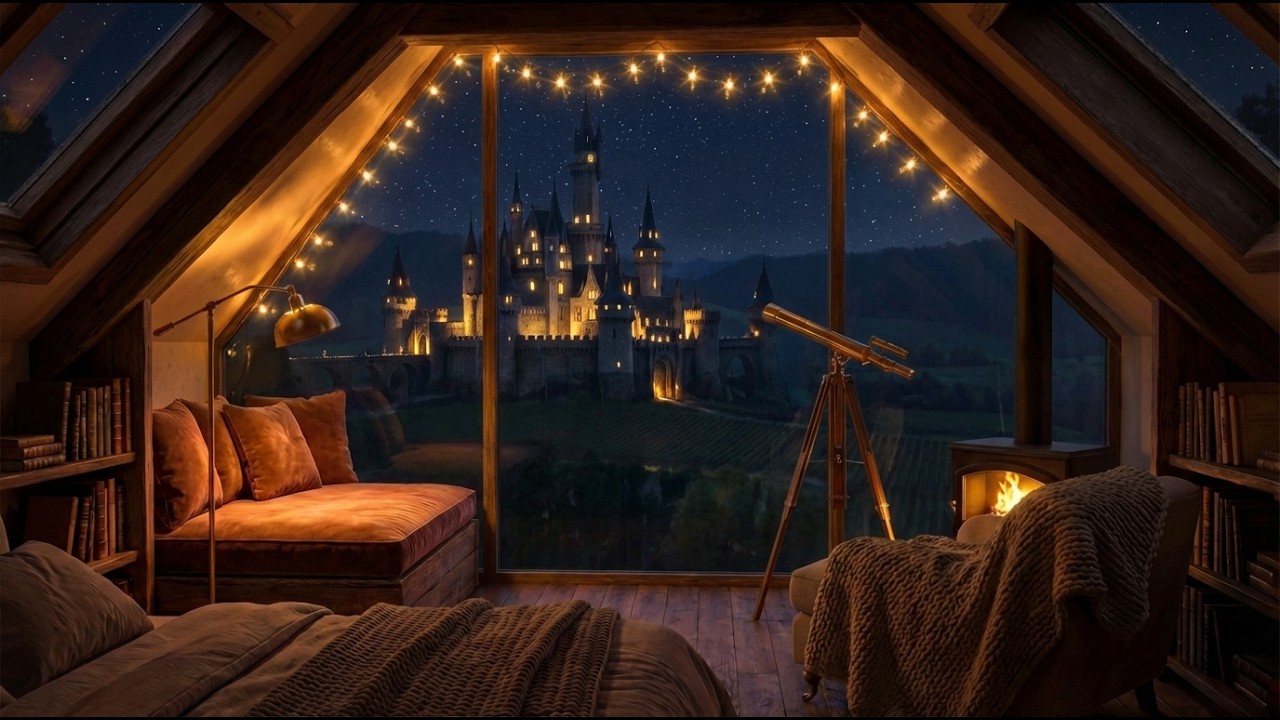 4K Cozy Reading Nook with Castle View 🌙 Magical Night Ambience | 2 Hours of Deep Relaxation