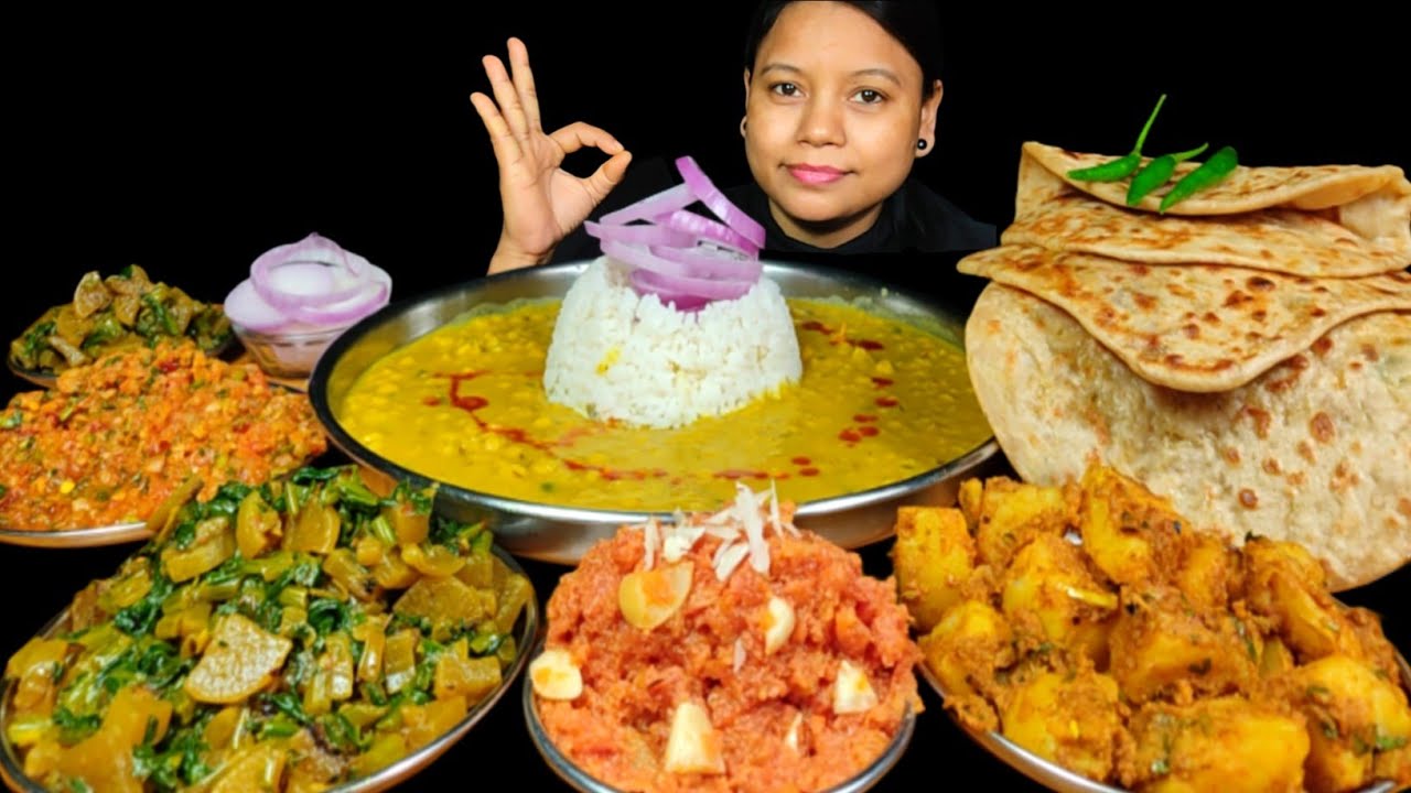 Asmr Eating Dal Chawal with Muli Paratha | Gajar Halwa,Aloo Fry, Muli sabji & Garlic Chutney mukbang