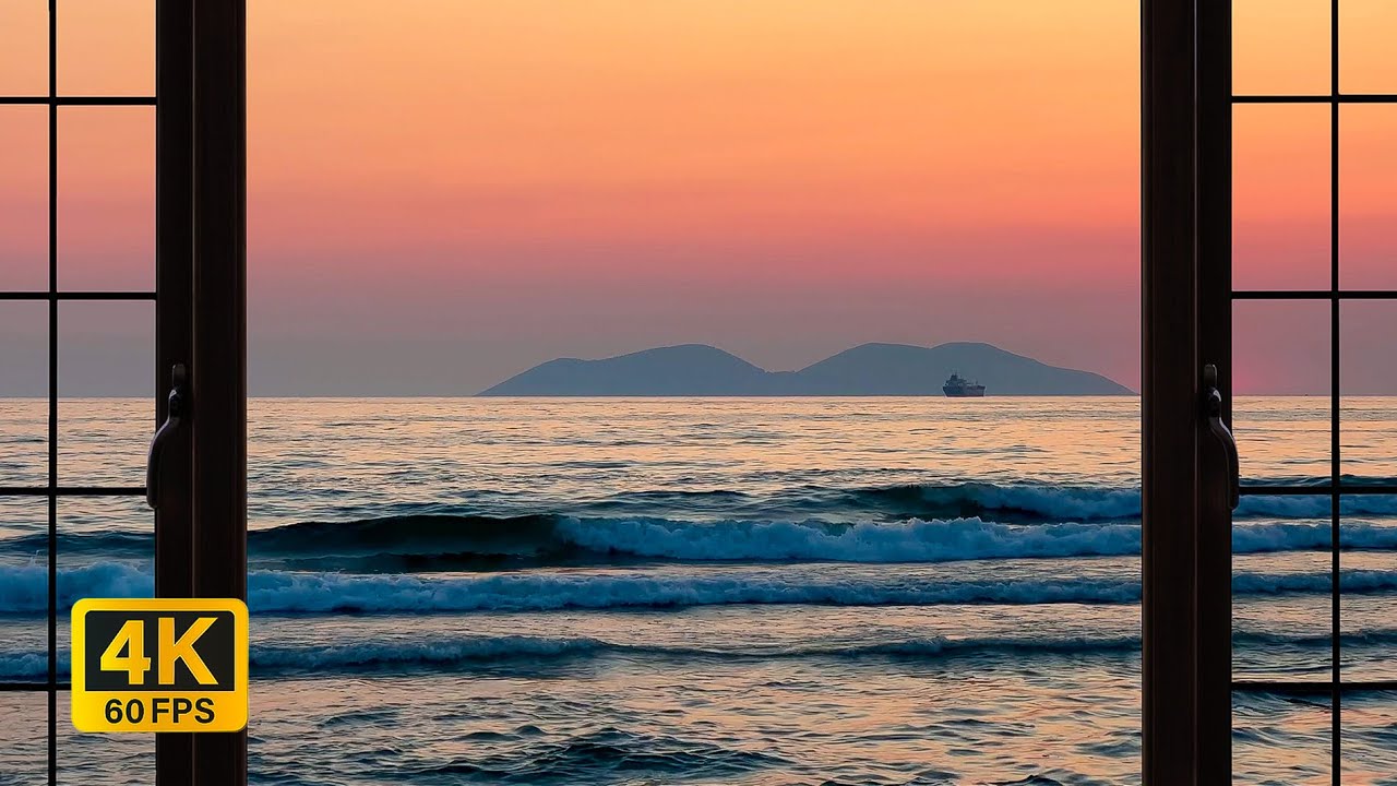 4K Greece beach during sunset window view - Relaxing, Calming, Ambience, white noise (ASMR)
