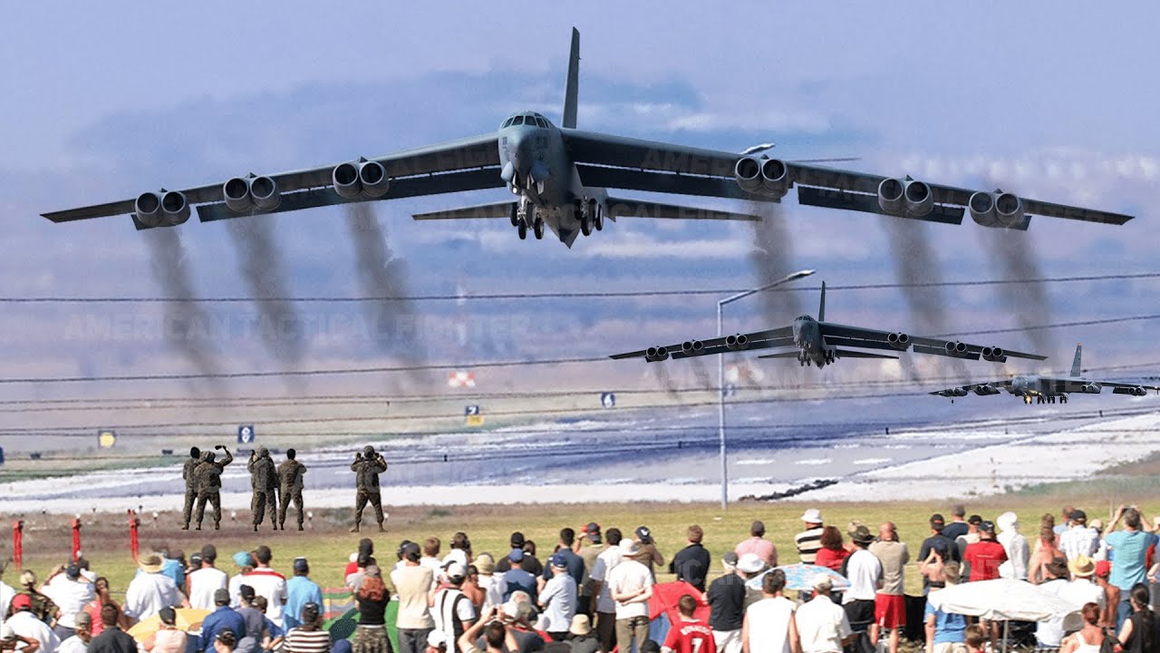 Десятки пилотов американских бомбардировщиков B-52 взлетают на полной скорости в сторону зоны конфли