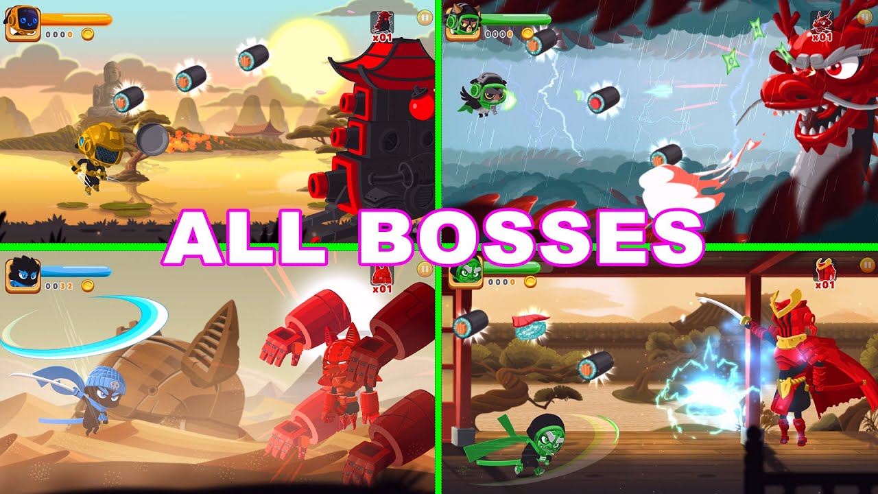 Ninja Dash Run All Bosses (Shoji Lake, Ryujin Roofs, Al Khali Desert, Ryoan Ji) for Android and iOS.