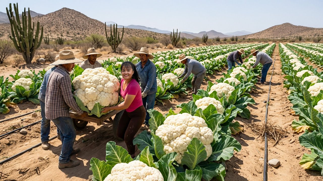 Coliflor Blanca Gigante Creciendo en el Desierto Árido 😱 | Cosecha Impresionante 🥦