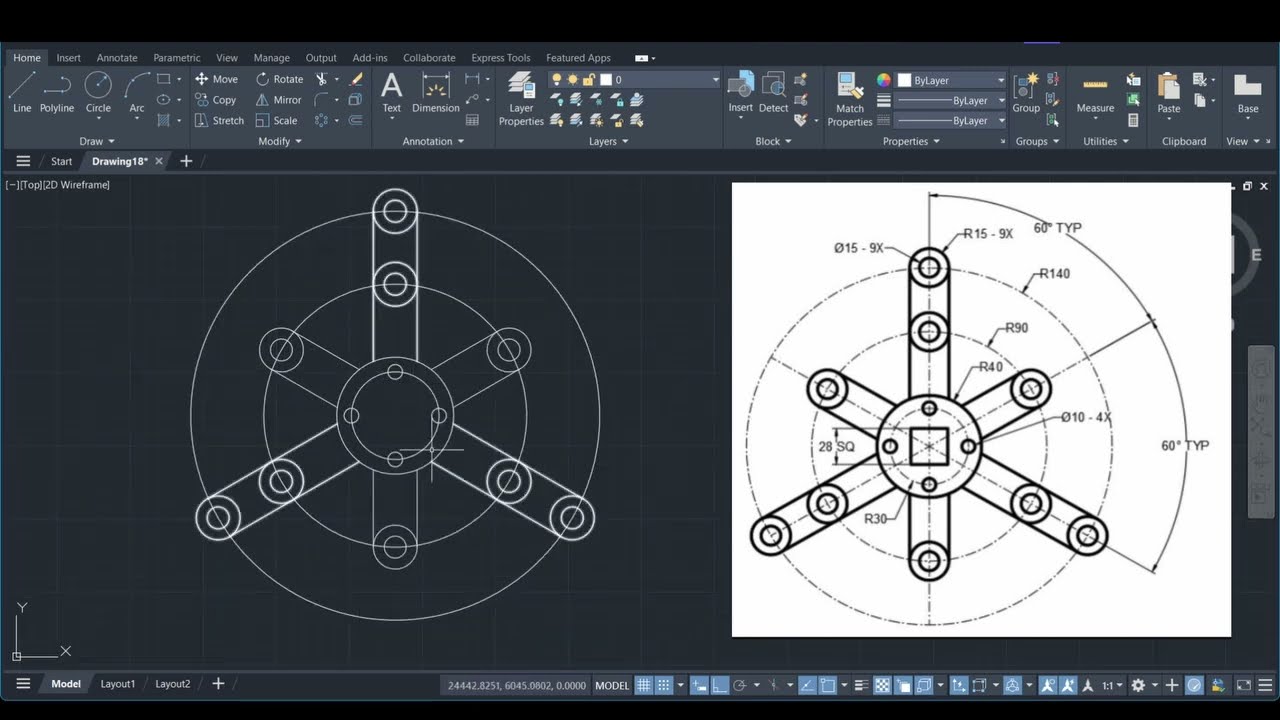 🔥AutoCAD 2D 6-Spoke Radial Drawing 🔥 | Polar Array Mastery Step-by-Step #autocad