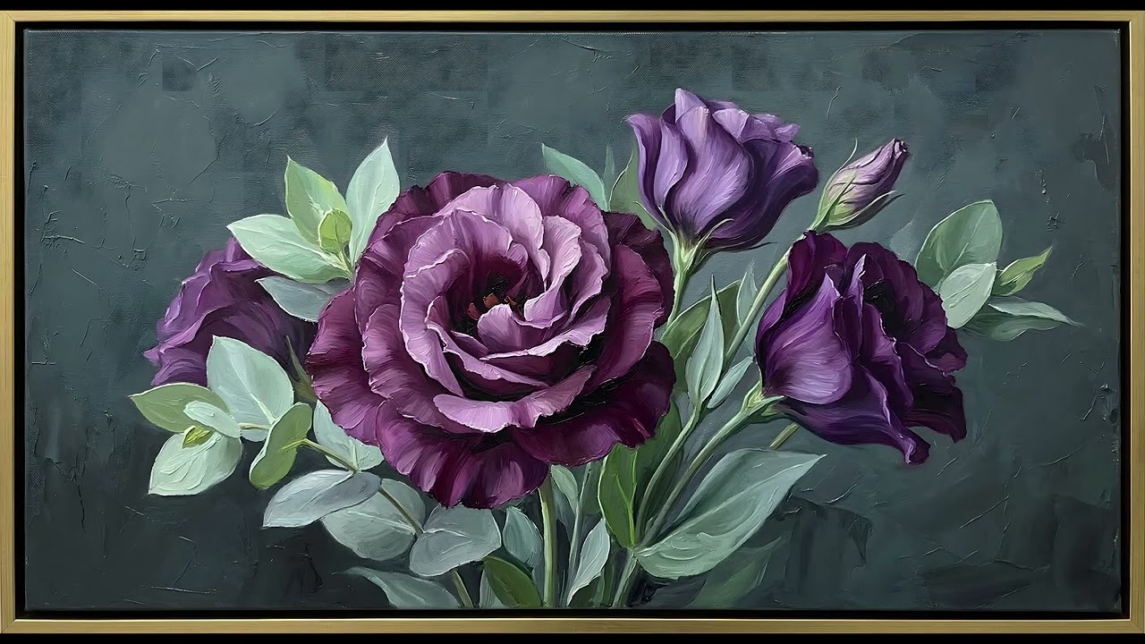 Lisianthus Purple & Mint 4K | Gold Frame TV Art | 2HR Spring Screensaver