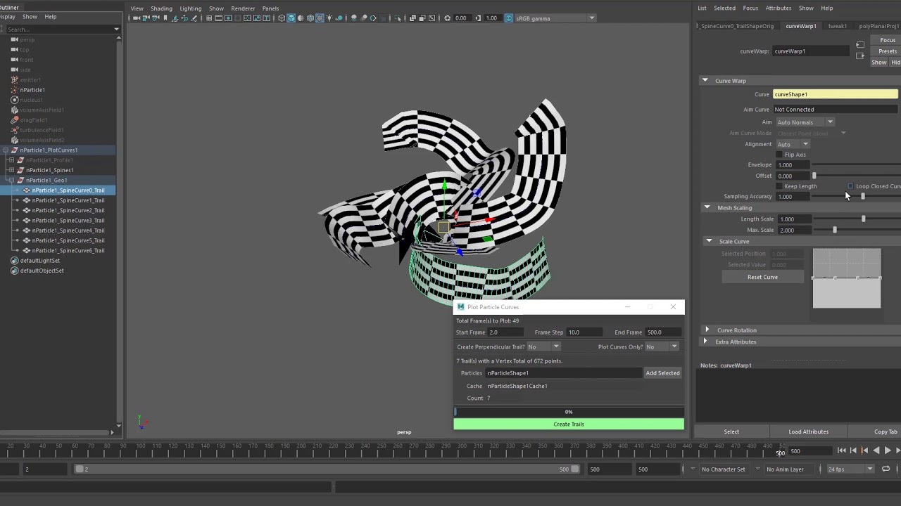 Plot nurbs curves along particle simulations