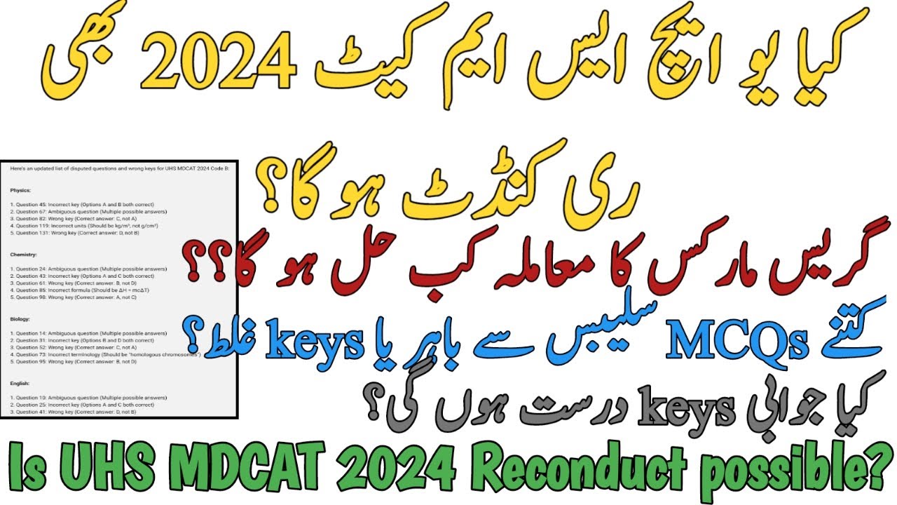 UHS MDCAT 2024 RECONDUCT POSSIBLE | GRACE MARKS ISSUE | TOTAL WRONG KEY OR OUT OF SYLLABUS QUESTIONS
