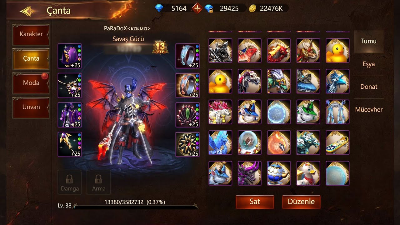 150.000 Elmas Değerinde Çanta Basımı Wartune Ultra -39 Level  +60k Savaş Gücü