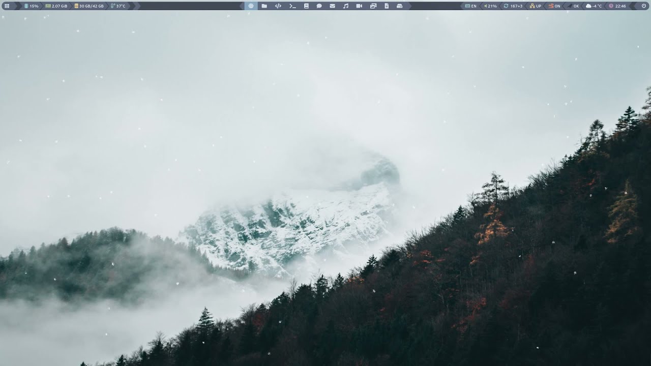 Рабочий стол Linux  (Polybar + Xsnow)