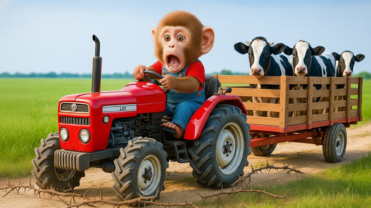 🐒 Brave Baby Monkey Co Co Farmer Saves Injured Cow Using Tractor 🚜❤️ Farm Work Adventure 🌾