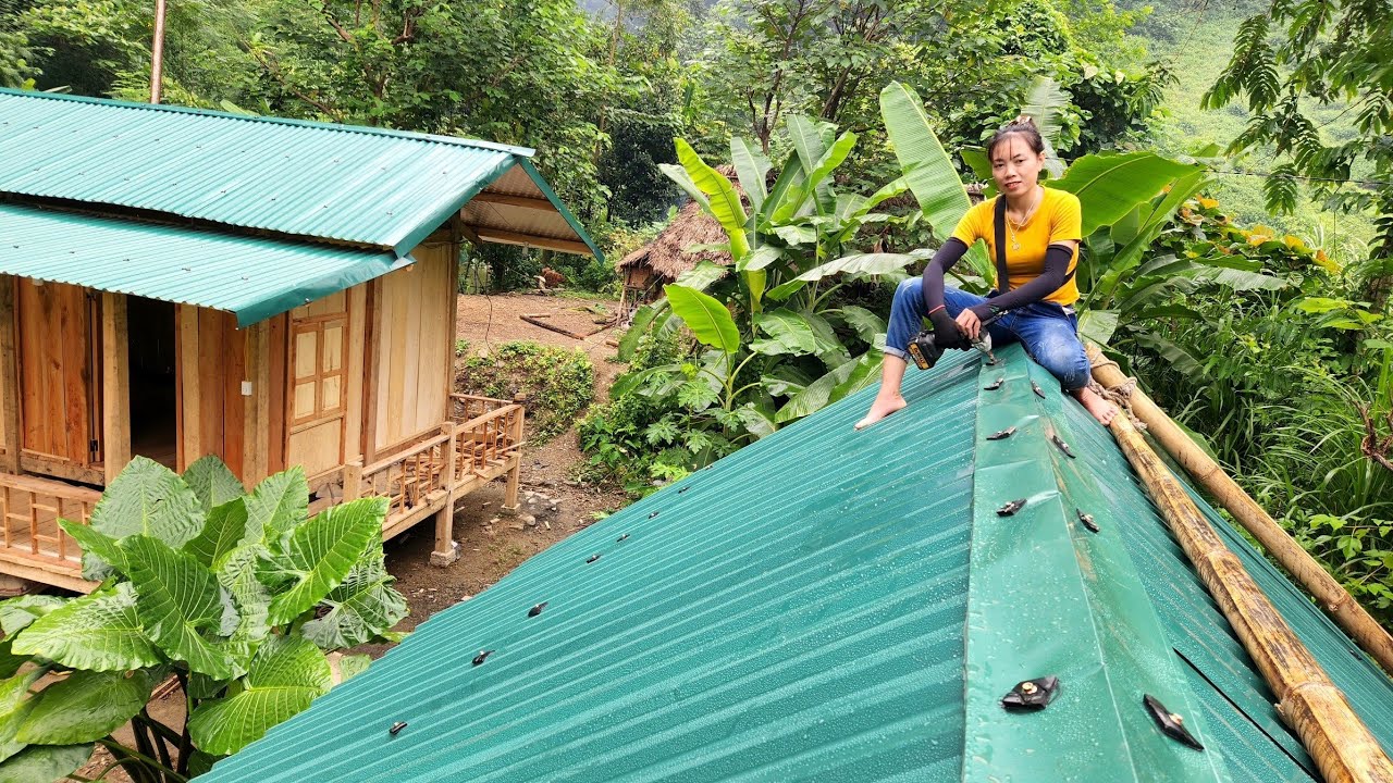 Building a Wooden House 2023 - Process of Roofing the Kitchen with Green Corrugated Iron