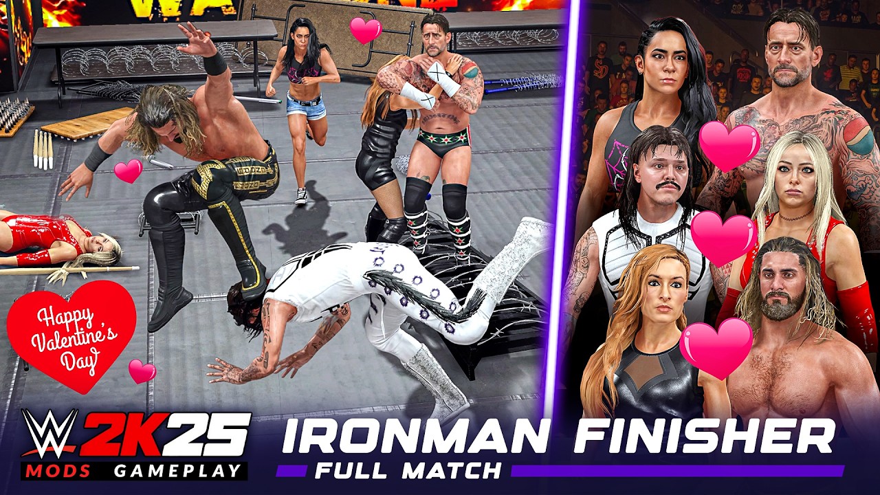 💘 VALENTINE'S DAY CHAOS! AJ Lee & CM Punk vs Liv & Dom vs Becky & Seth [WWE 2K25 Full Match]
