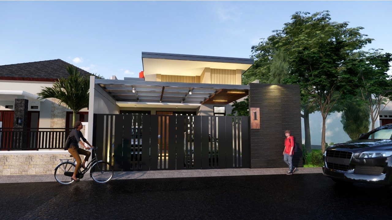 DESAIN RUMAH TINGGAL 1 LANTAI + ROOFTOP LEBAR 8M MODERN TROPIS DI PANGGUNG, KOTA TEGAL