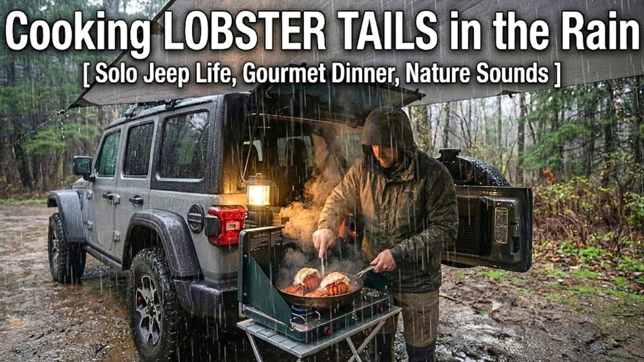 Cooking LOBSTER TAILS in the Rain [ Solo Jeep Life, Gourmet Dinner, Nature Sounds ]