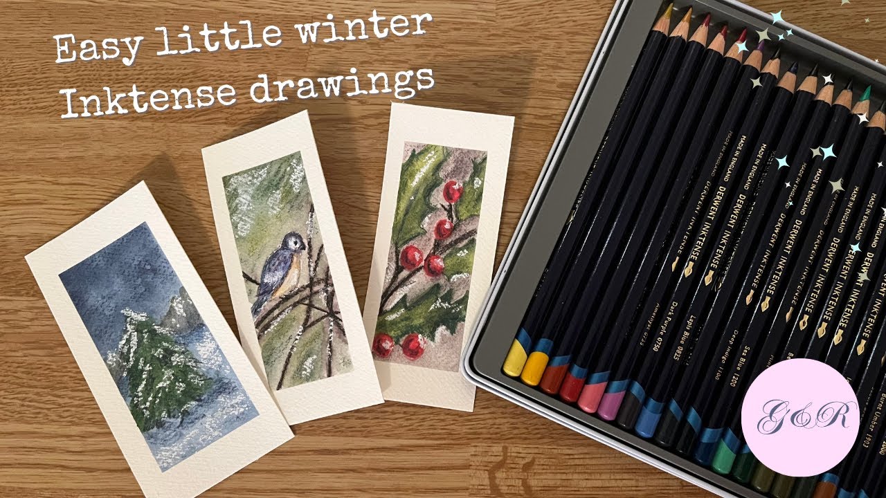 Easy small winter drawings with Derwent Inktense pencils - Draw cute winter bookmarks with me