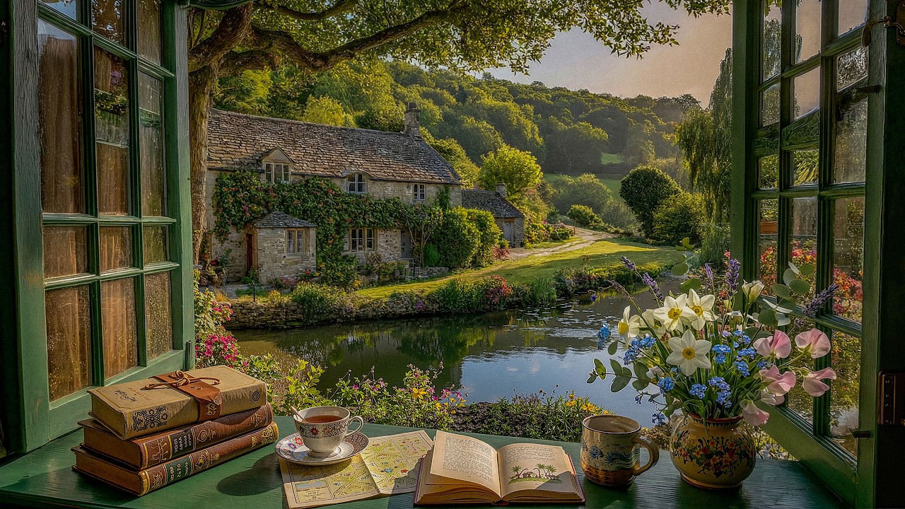 April Jazz Morning ☕ Lakeside Cottage, Flowers & Soft Piano for Reading & Calm