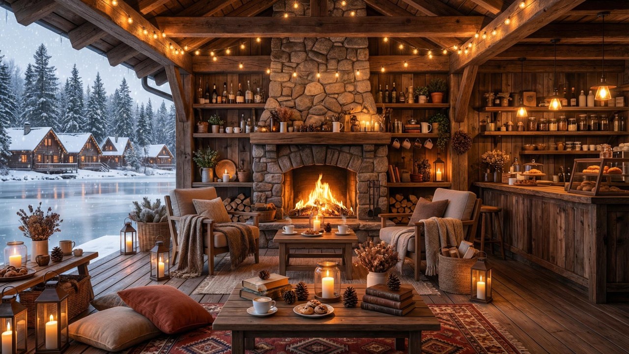 Cozy Jazz Café Sounds 🎷Fireplace & Snow Ambience for Work, Calm, Focus & Study