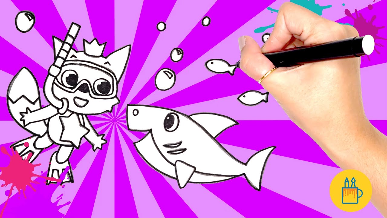 Desenhar e Colorir o Baby Shark, o bebê tubarão, e a raposa Pinkfong no fundo do mar 🎨🐟🦊