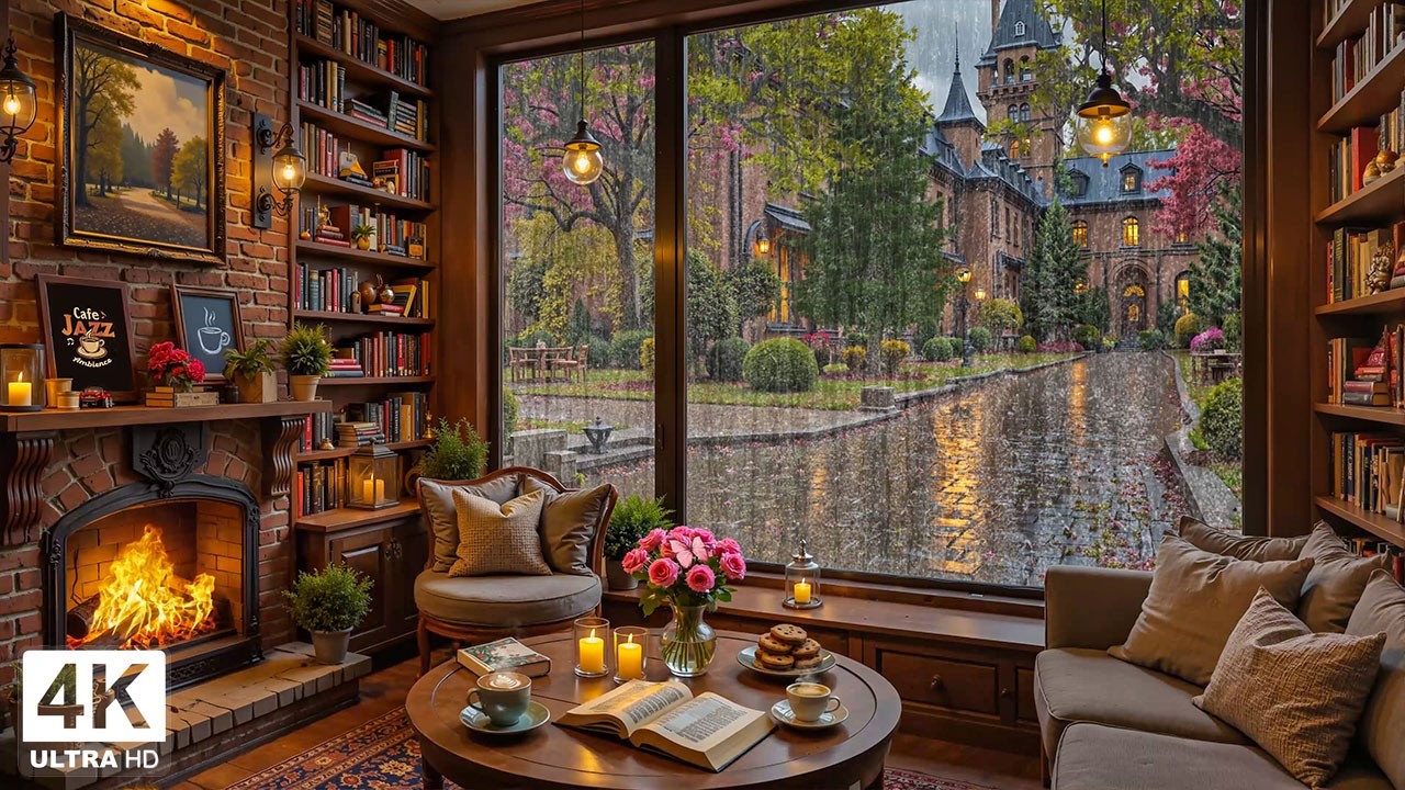 Relaxing Spring Jazz with Fireplace ☕ Rain Coffee Shop & Jazz Piano Music for Studying, Work