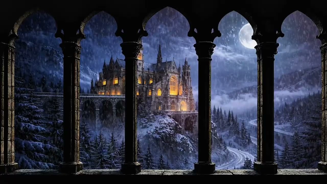 Winter Night Through a Window | Snowfall | 5 Hours | Castle