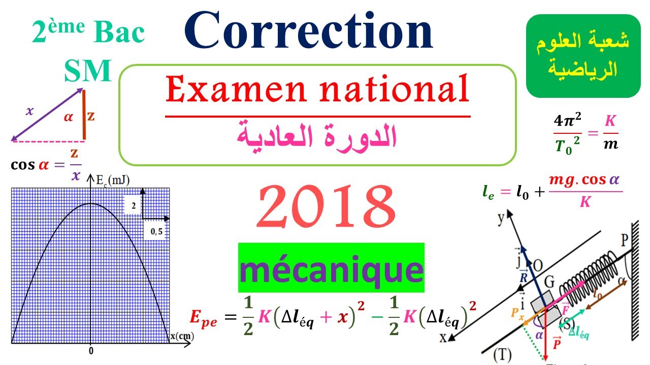 correction de l'examen national 2018- mécanique filière SM-Etude du mouvement d’un pendule élastique