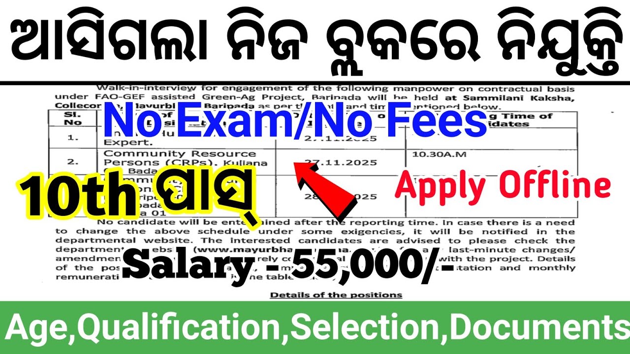 Odisha Block Level Jobs 2025 ! Latest Government Jobs In Odisha ! Apply For Offline ! 10th Pass Jobs