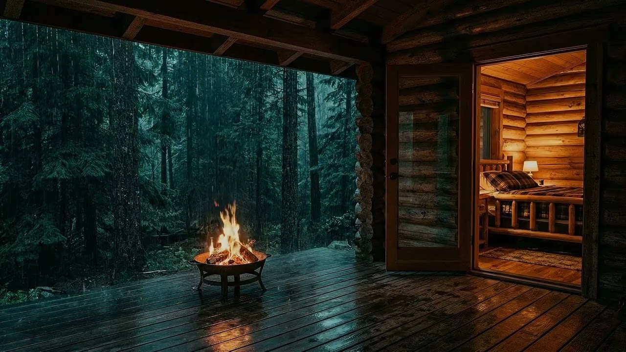 Heavy Rain & Crackling Fire on a Cozy Cabin Porch 🔥🌧️ 10 Hours Sleep Sounds, Black Screen