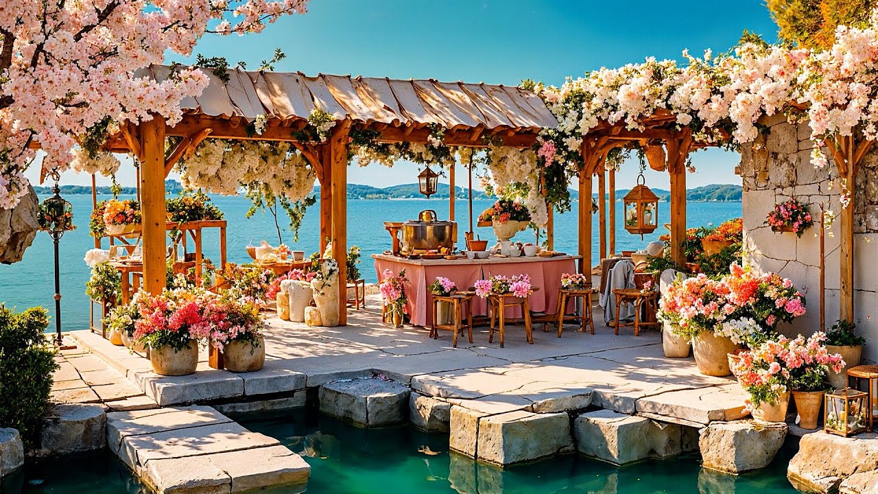 Cozy Relaxing Bossa Nova Jazz ☕ Floral Lakeside Café Vibes | Latin Coffee Chill Background Music