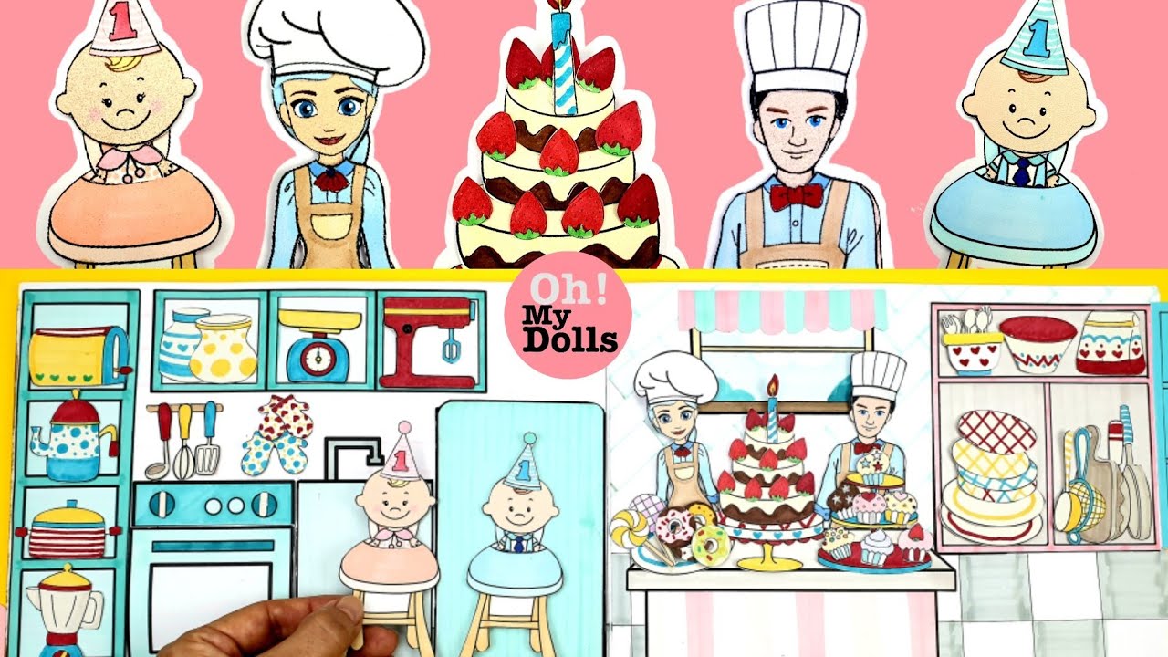 DIY DOLLHOUSE KITCHEN PAPER DOLL QUIET BOOK BIRTHDAY CAKE BAKING TABLE SETTING PAPER CRAFTS
