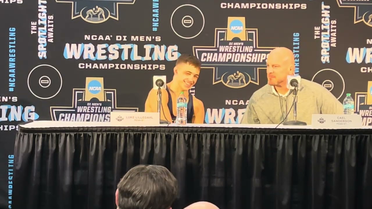 Каэль Сандерсон и Люк Лилледаль на пресс-конференции после чемпионата NCAA 2026 года.