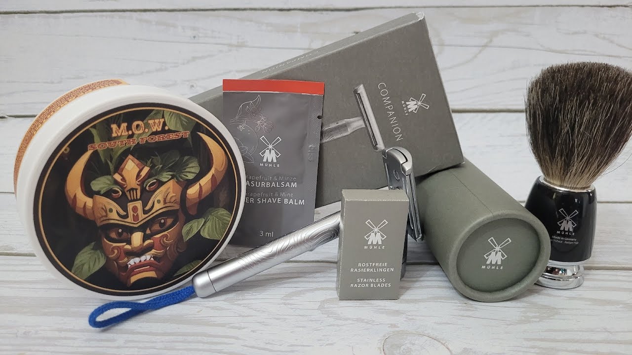 Пятнично - мельничное бритьё. Muehle: companion, лезвие, помазок и бальзам. Мыло M.O.W. South Forest