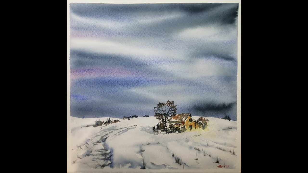 PAESAGGIO AD ACQUERELLO Collina e neve Demo tutorial facile WATERCOLOR SNOWY LANDSCAPE Easy painting