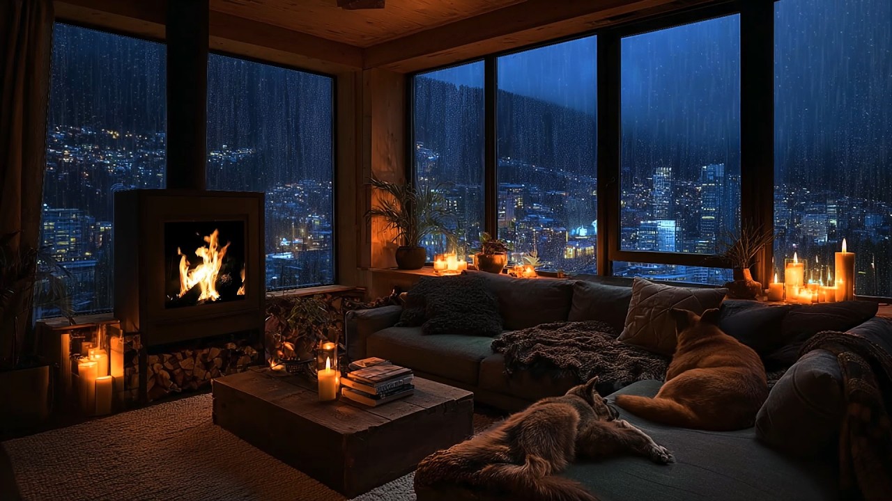 Thunderstorm & Heavy Rain at Cozy Cabin | Fireplace Sounds, Cat & Dog Sleeping