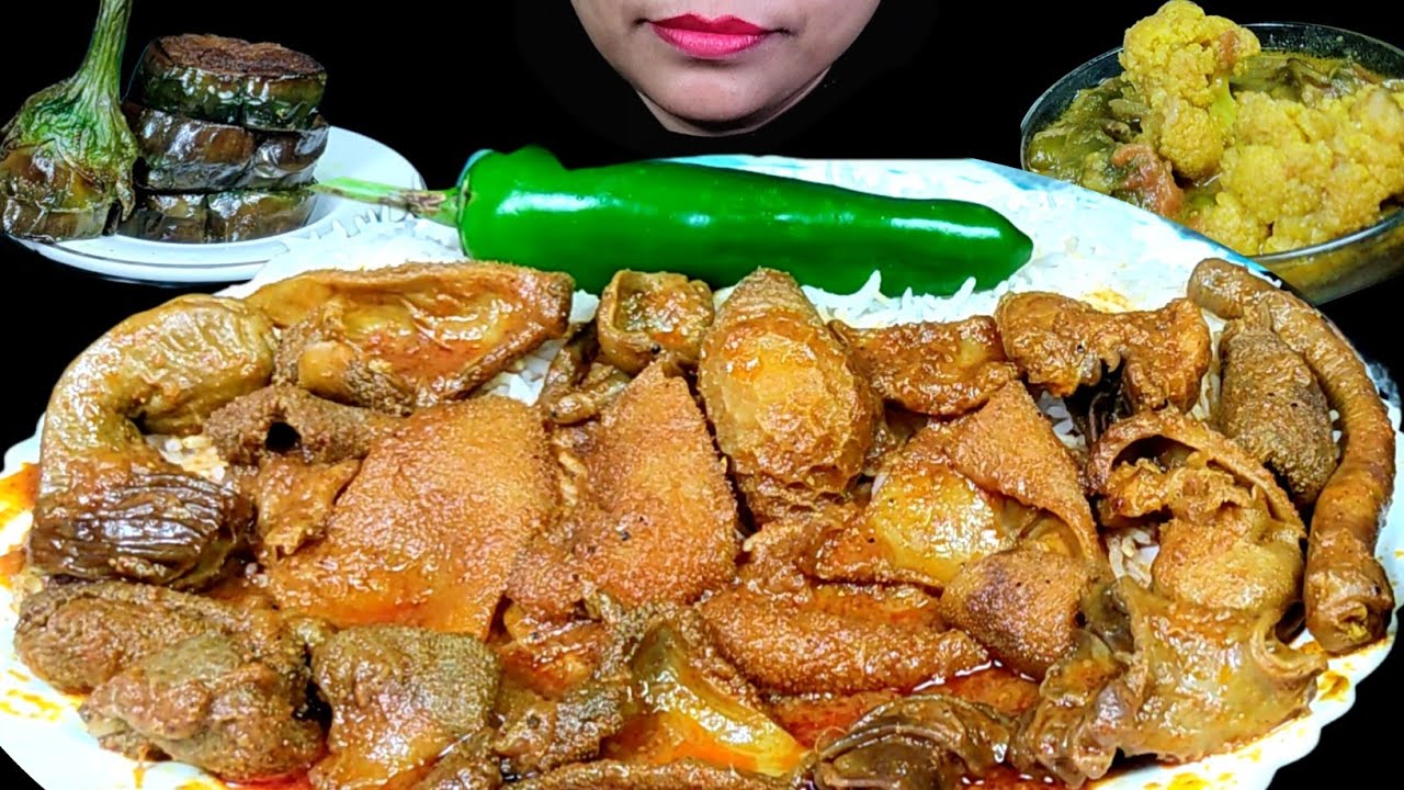 ASMR EATING SPICY MUTTON BOTI CURRY WITH BASMATI RICE, BRINJAL FRY, SABJI & CHILLI | INDIAN MUKBANG