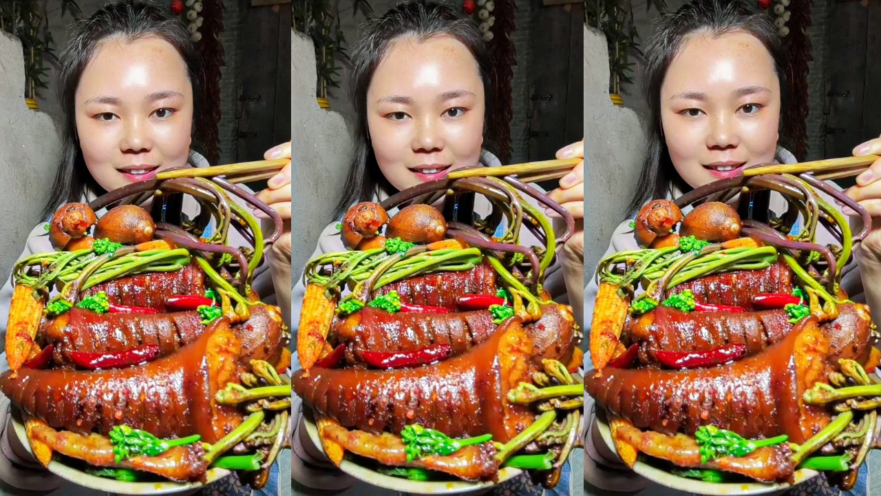 Mukbang Eating Show: Spicy Braised Pig’s Tails with Fresh Vegetables Homestyle Rural Cooking!