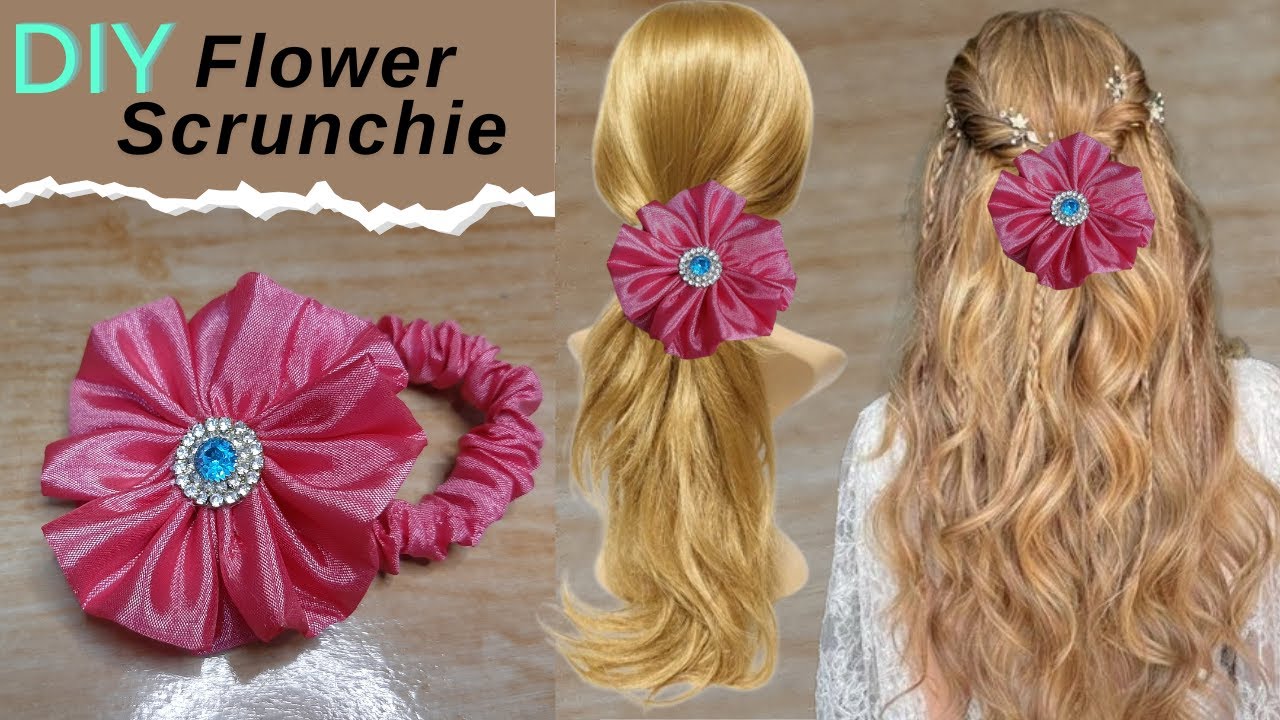 DIY Scrunchies or Ponytail Holder with Easy Flower | Coleteros de seda satinada con flores DIY