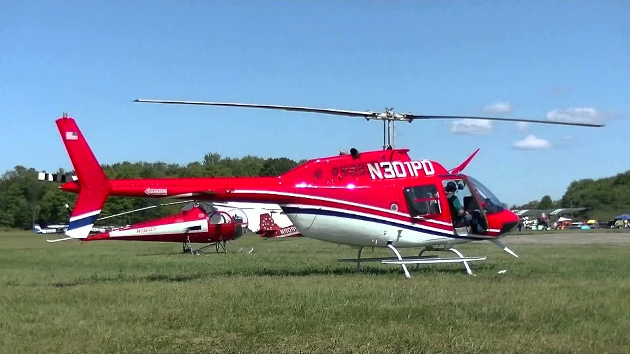 Bell 206B 3 Jet Ranger Helicopter. Approach, Landing, Walkaround, Full Start Up, Take Off.