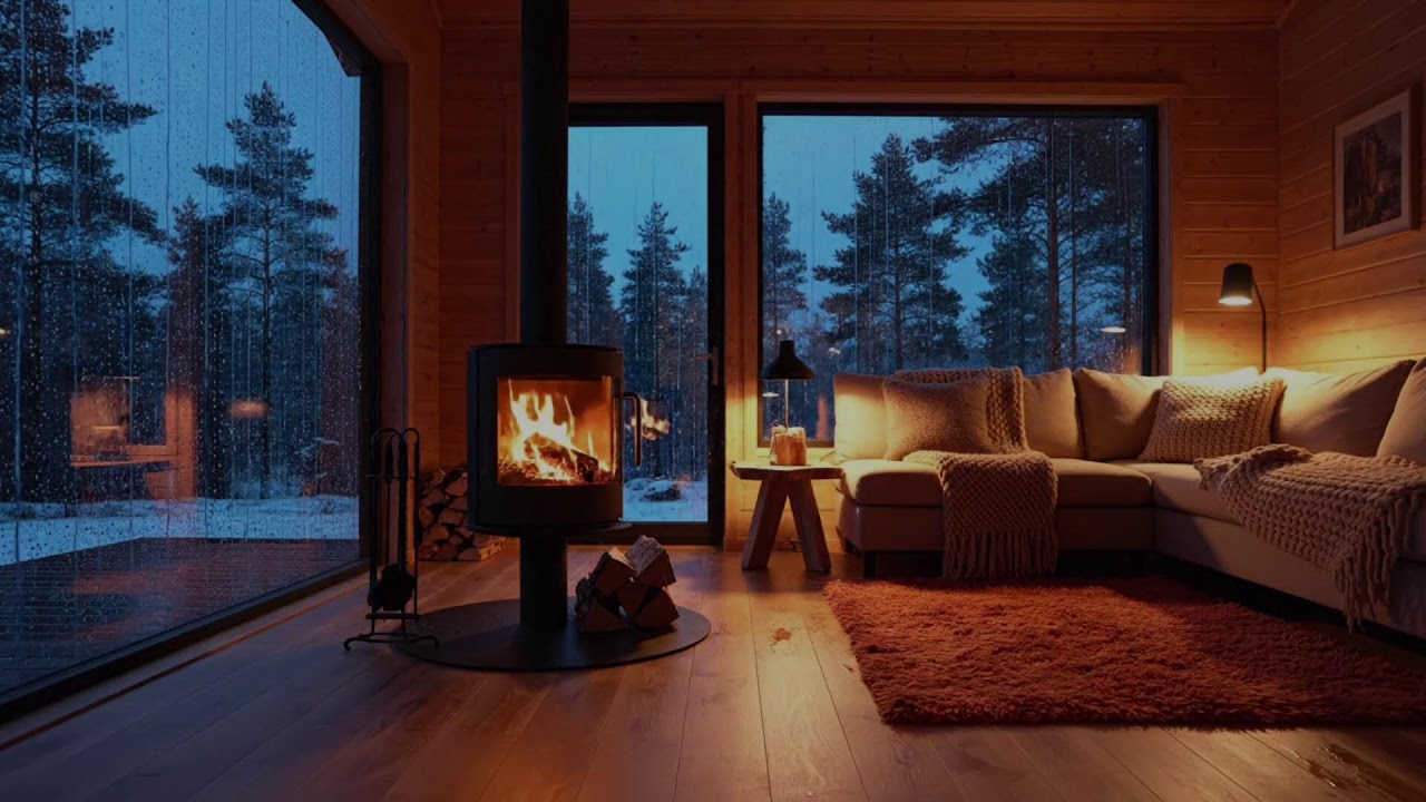 Forest Cabin Rainstorm and Warm Fireplace Ambience 8 Hours for Relaxing Sleep #RainAmbience