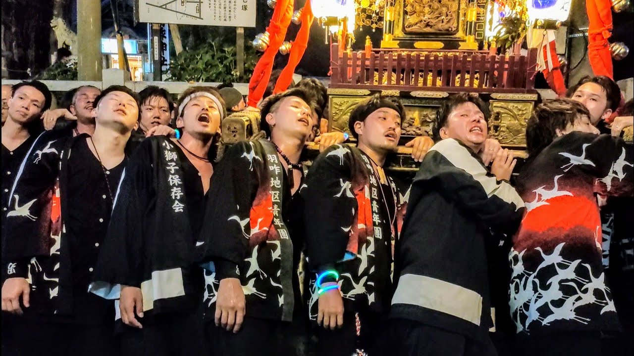 羽咋神社・川渡し神事③   神輿の一番担ぎを目指して若衆が猛ダッシュ　木やり唄で巡行　A festival where gods move through a burning river