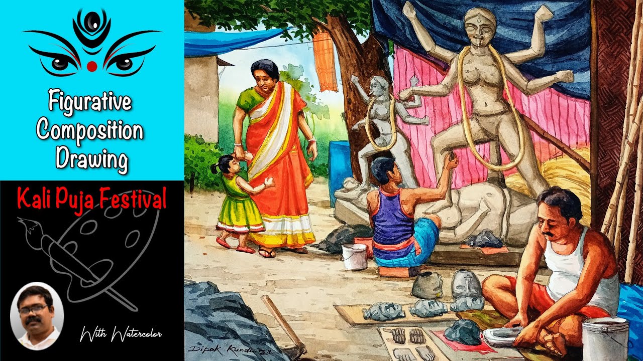 Kali Puja Scenery Drawing Watercolor | Kali Puja Special Drawing | Kali Puja Festival Drawing Colour