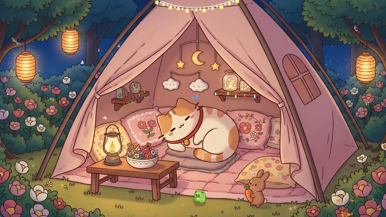 Cloudy's Cat Sleeping in Magical Garden ⛺ Night Lofi Ambience 🌸 Relaxing Music for Deep Sleep