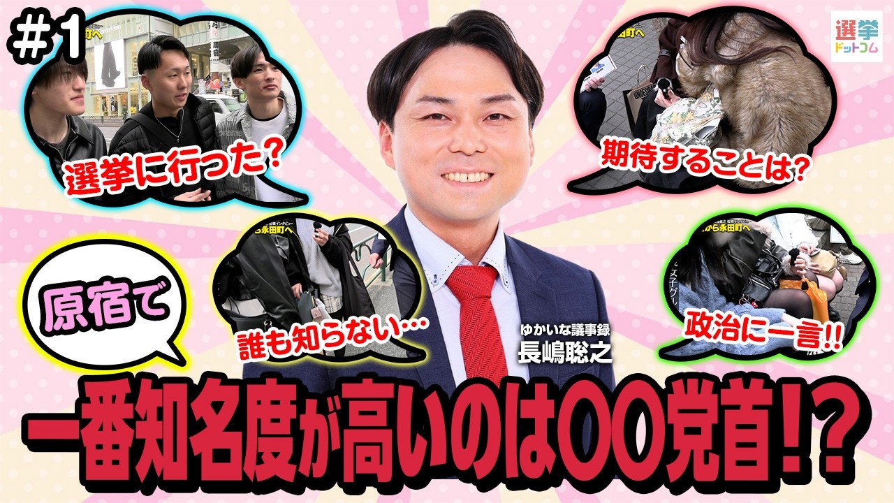 【新企画】原宿から永田町へ！原宿の若者に「この政治家さん知ってる？」と聞いたら驚きの結果！一番知名度が高いのはどの党首？次世代を担う若者が注目のトピックは？【ゆかいな議事録・長島聡之】｜選挙ドットコム