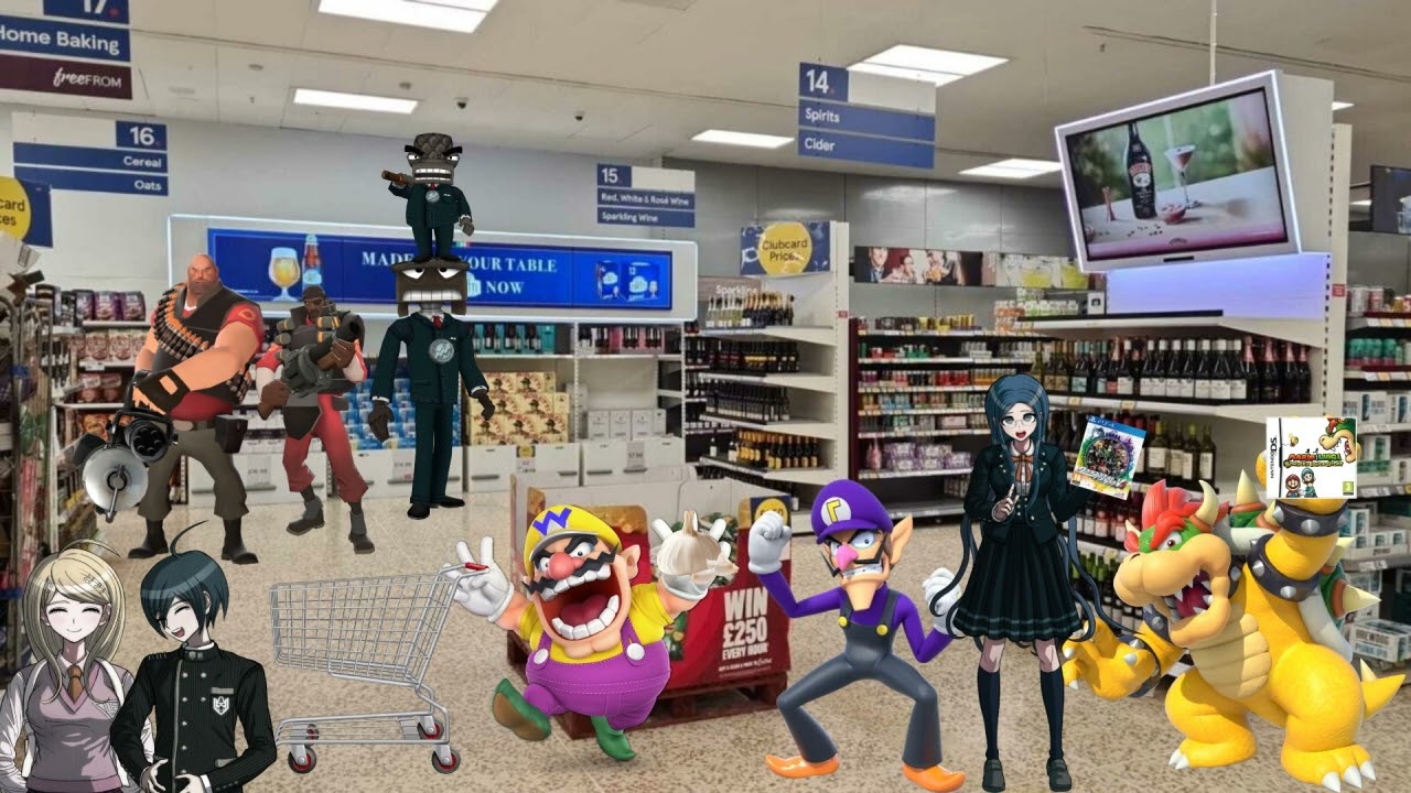 Wario and friends die in Tescos by crashing into a shelf and causing it to fall on them.mp4