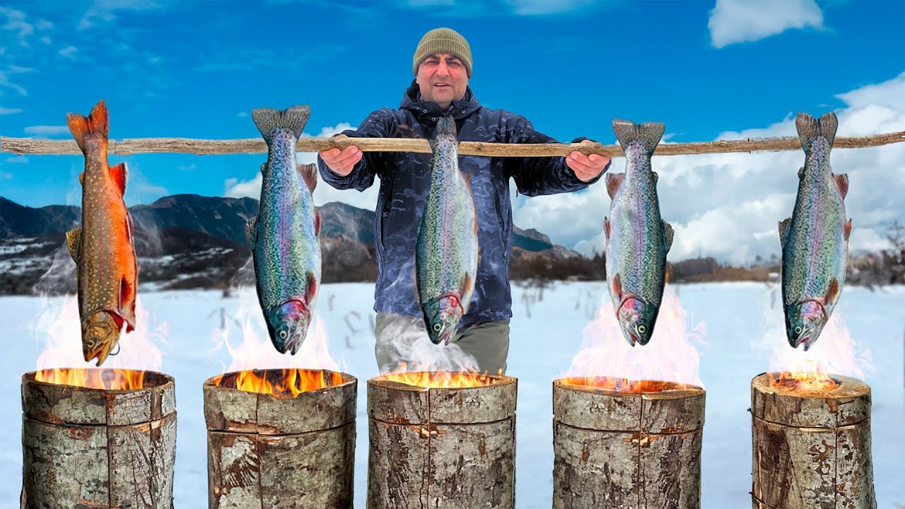 Pesquei e Cozinhei Trutas Dentro de Troncos! Vida nas Montanhas Nevadas 🐟❄️